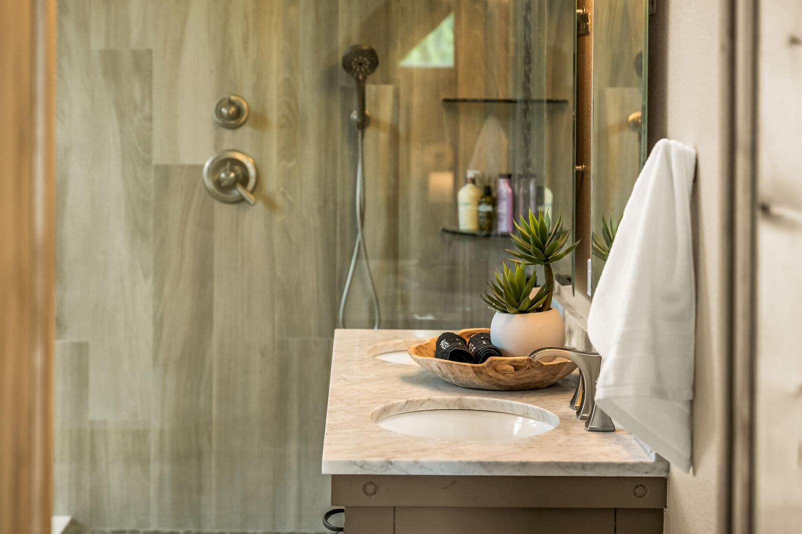 Primary bath wood-look tile shower